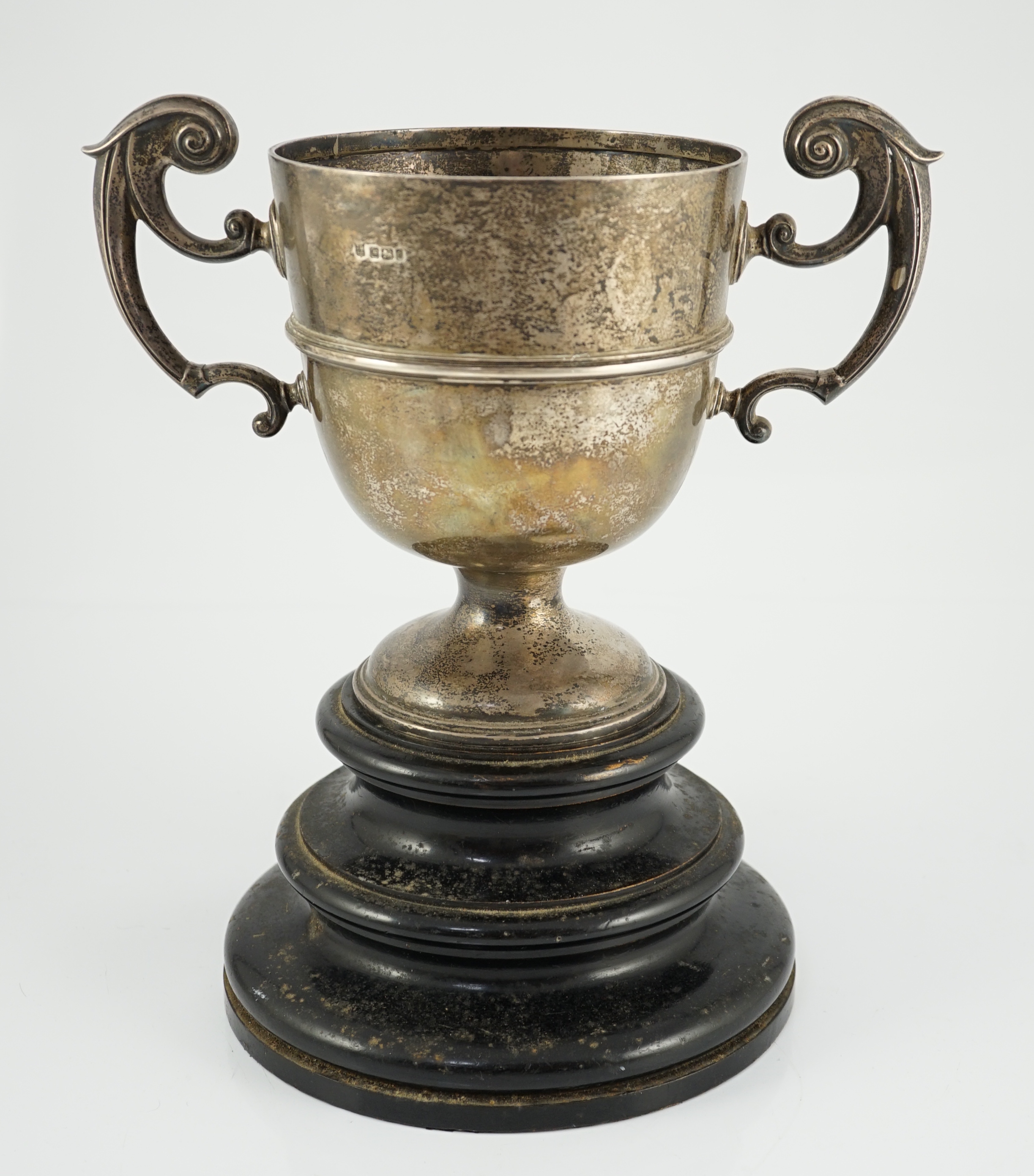 A late Victorian silver two handled trophy cup, with horse racing inscription relating to the South Down Hunt Point to Point, by James Deakin & Sons